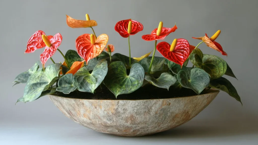 Arranjo de antúrio com flores vermelhas e alaranjadas em vaso decorativo dentro de casa.