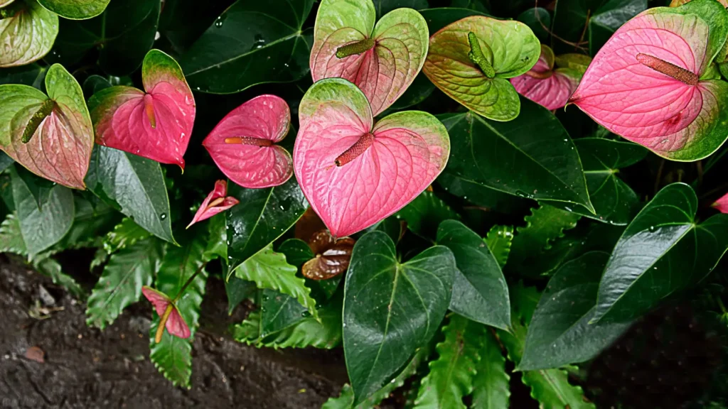 Antúrios rosados com nuances esverdeadas em meio a folhagem densa e brilhante.