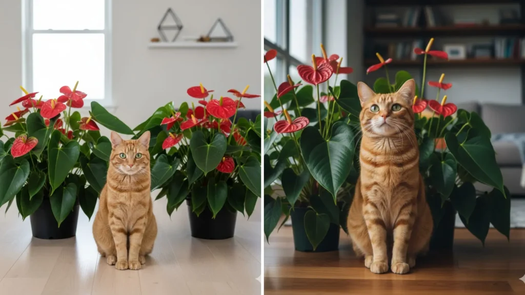 Gato sentado ao lado de vasos de antúrio dentro de casa, mostrando a proximidade entre pets e a planta.
