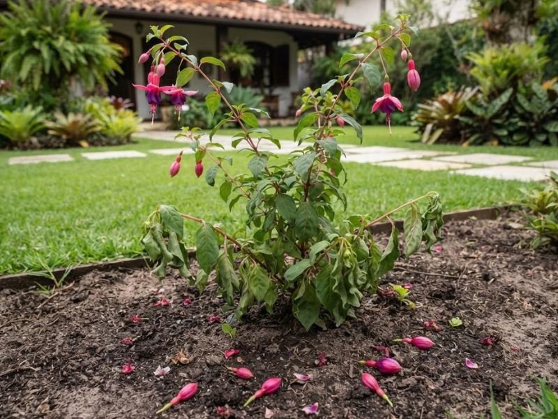 Brinco de princesa murcho com folhas caídas e botões no solo