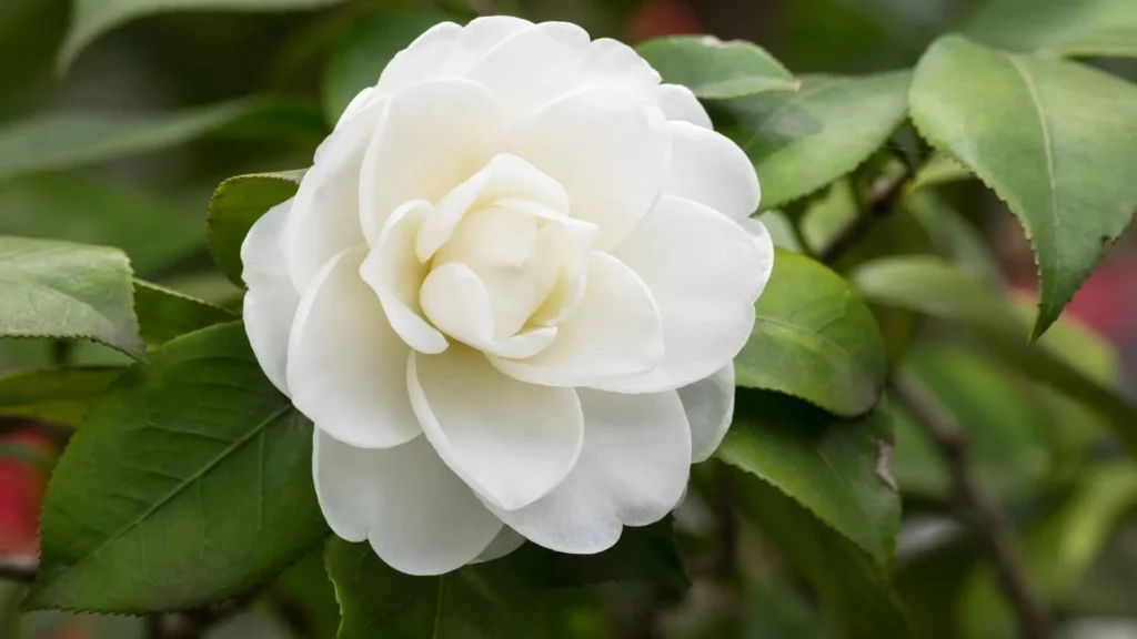 Flor de camélia branca totalmente aberta, com pétalas simétricas e folhas verdes ao fundo, representando pureza e tranquilidade.