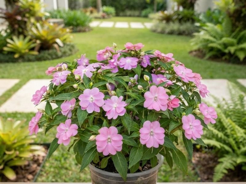Impatiens hawkeri branca com flores simples e folhas verdes