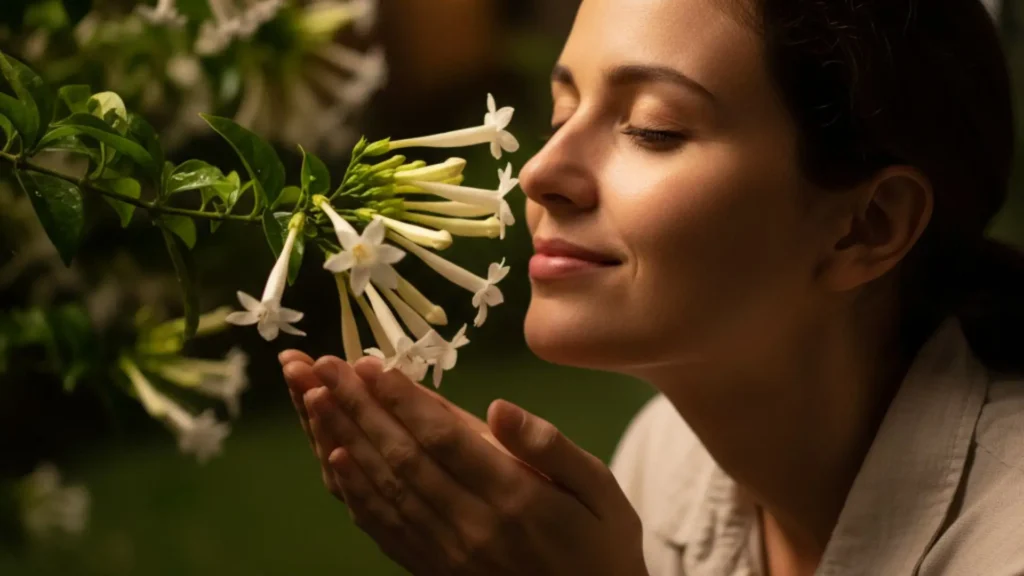 Mulher sentindo o perfume da flor Dama da Noite, Cestrum nocturnum, destacando suas flores tubulares brancas.