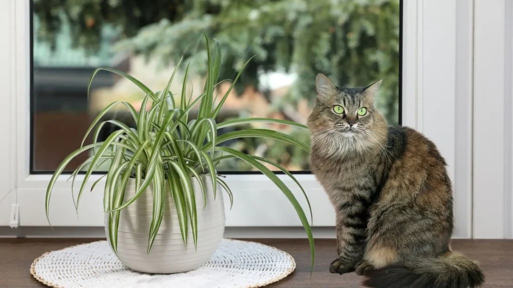 Gato sentado ao lado de um vaso com clorofito em uma janela, mostrando a convivência entre pets e a planta.
