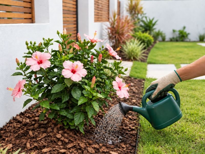 Mão segurando um regador verde e molhando o solo ao redor de um hibisco rosa cultivado em canteiro.