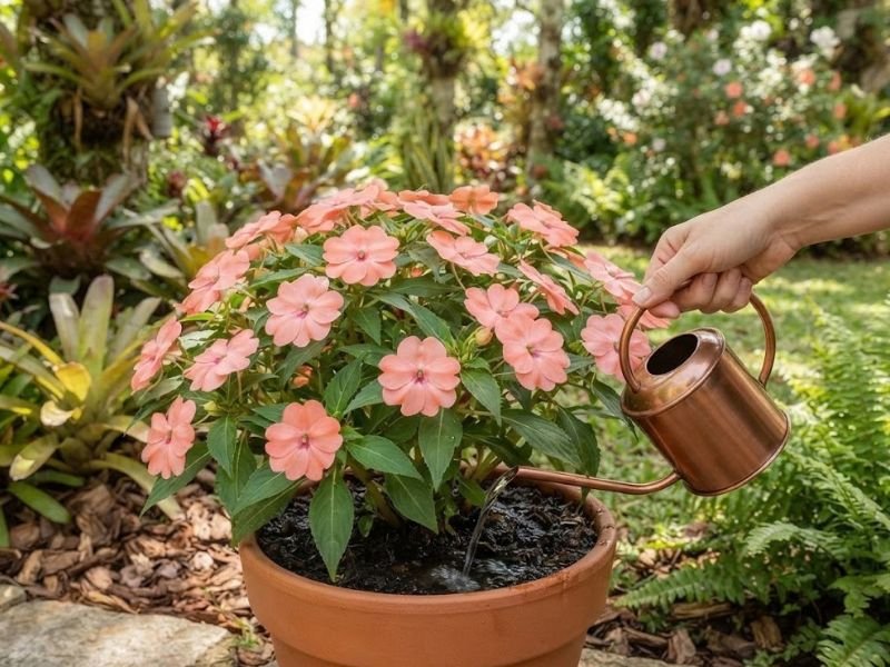 Impatiens hawkeri salmão sendo regada em vaso no jardim