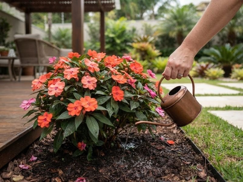 SunPatiens alaranjada sendo regada diretamente no solo