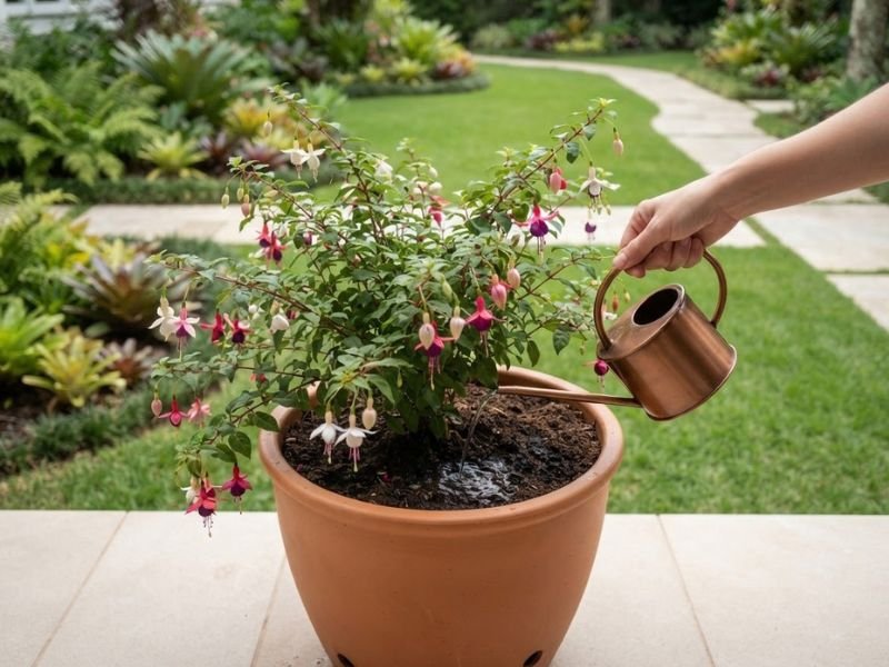 Rega de brinco de princesa cultivado em vaso no jardim