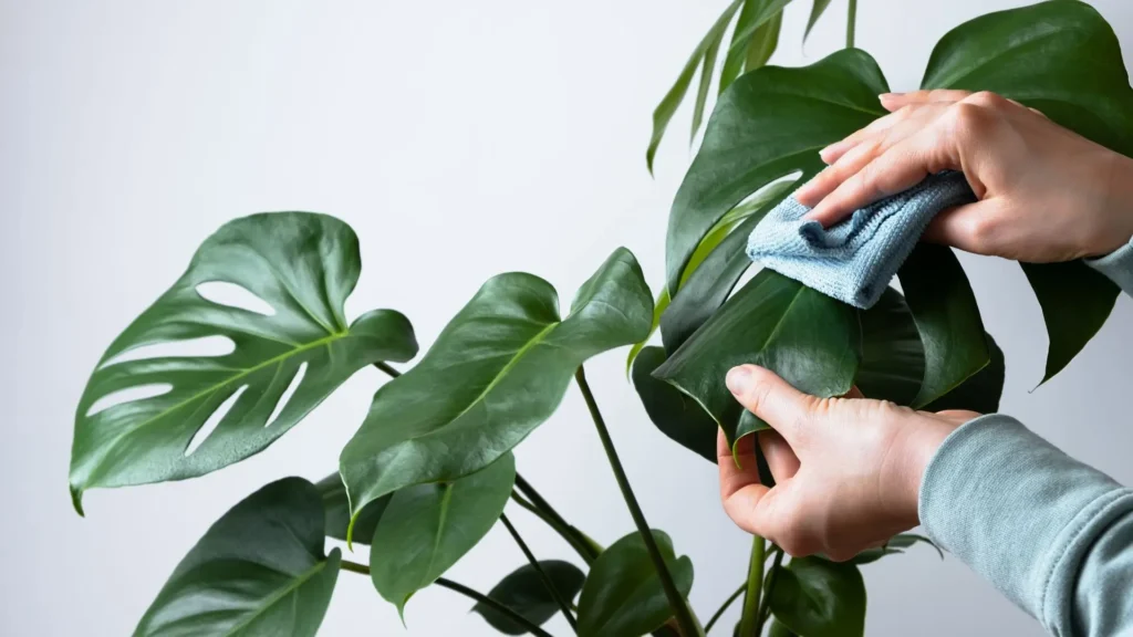 Pessoa limpando as folhas da planta costela de adão durante os cuidados diários