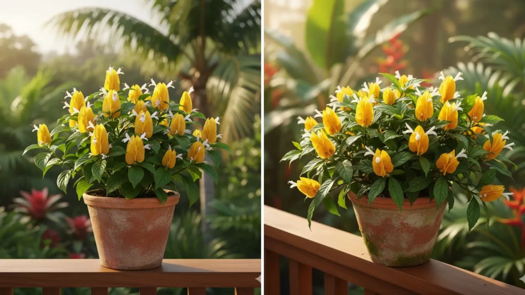 planta camarão amarelo cultivada em vaso de barro em varanda ensolarada
