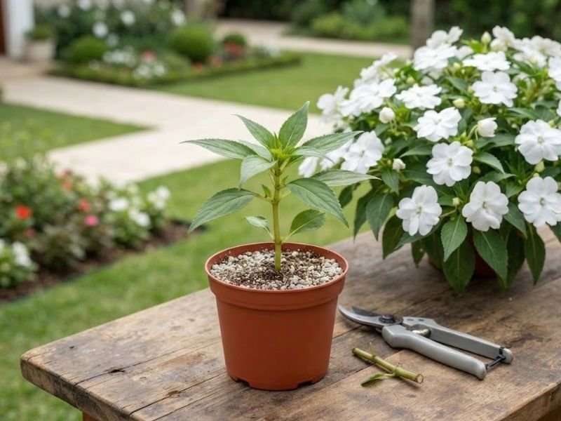Muda de Impatiens hawkeri por estaquia em pequeno vaso