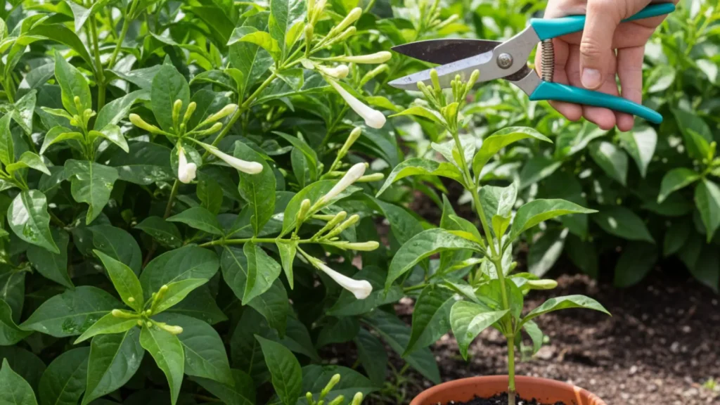 Pessoa cortando um galho de Dama da Noite (Cestrum nocturnum) com botões fechados para fazer muda em vaso.