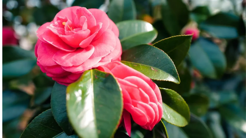 Flor de camélia rosa em close, com folhas verdes brilhantes, representando uma planta saudável usada para produção de mudas.