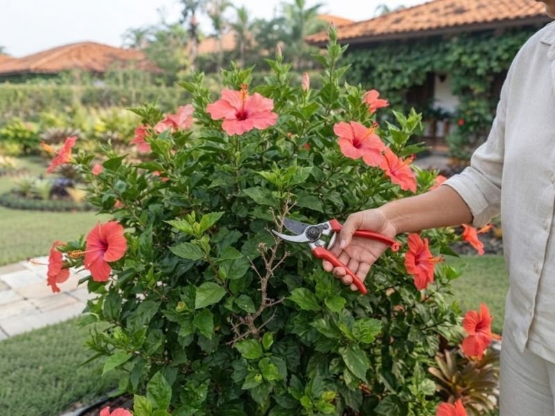 Mão segurando tesoura de poda próxima a um ramo seco de hibisco rosa em jardim residencial.