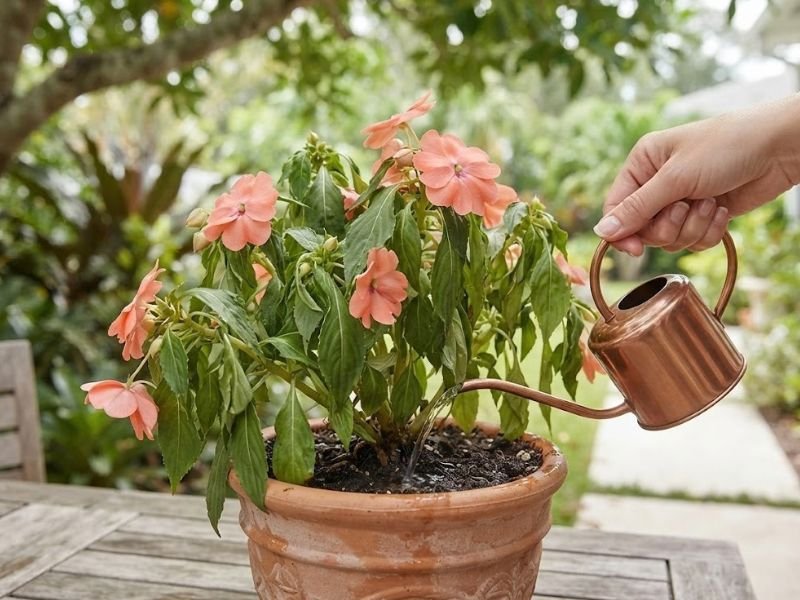 Impatiens hawkeri murcha sendo regada para recuperar a hidratação