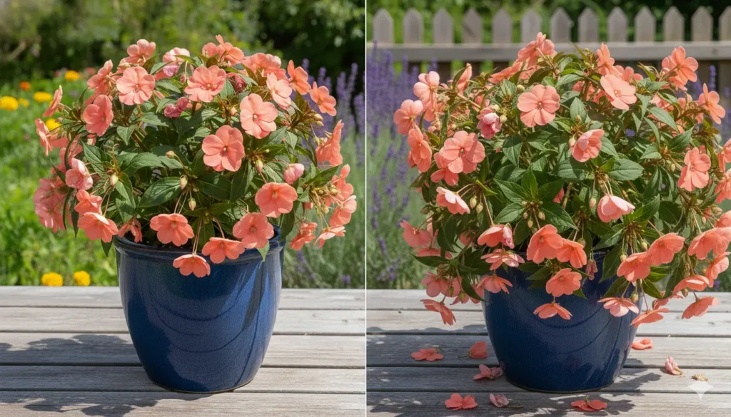 sunpatiens em vaso mostrando antes e depois da recuperação após murcha