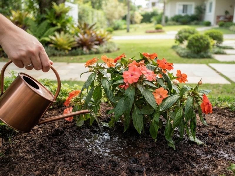 SunPatiens murcha sendo regada para recuperar a hidratação