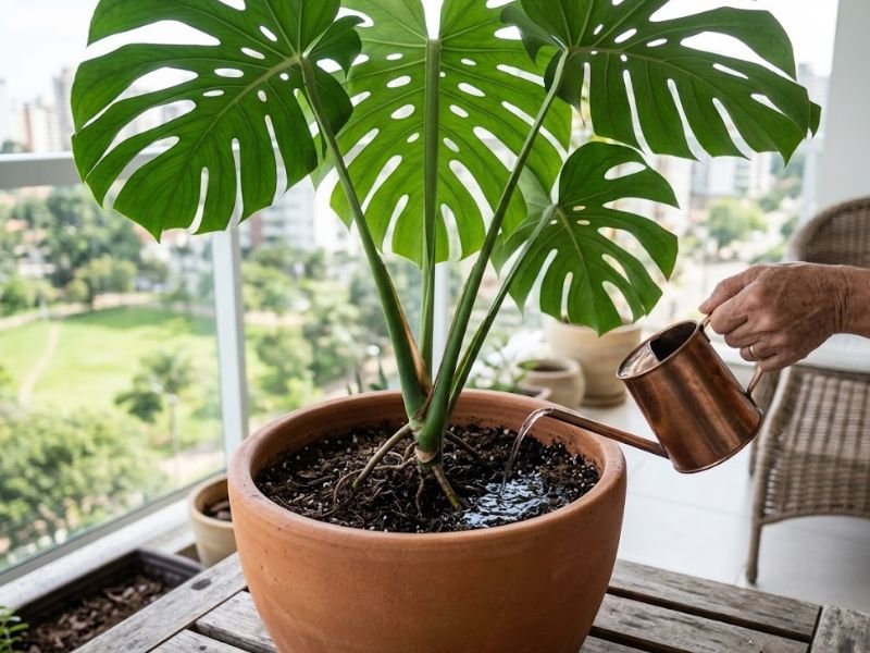 Água sendo aplicada no substrato de uma costela-de-adão em vaso