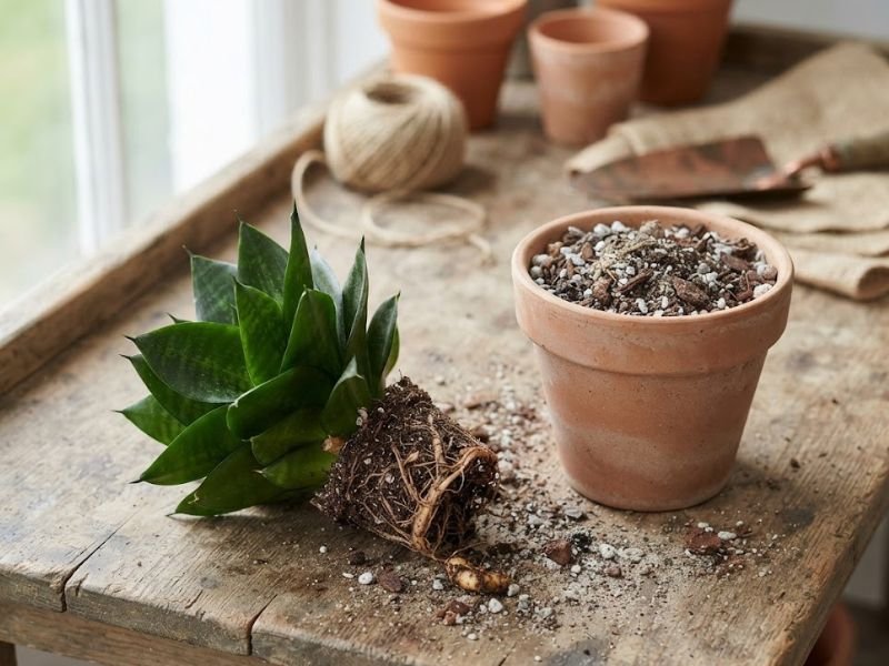 Espadinha de São Jorge retirada do vaso com raízes visíveis para replantio