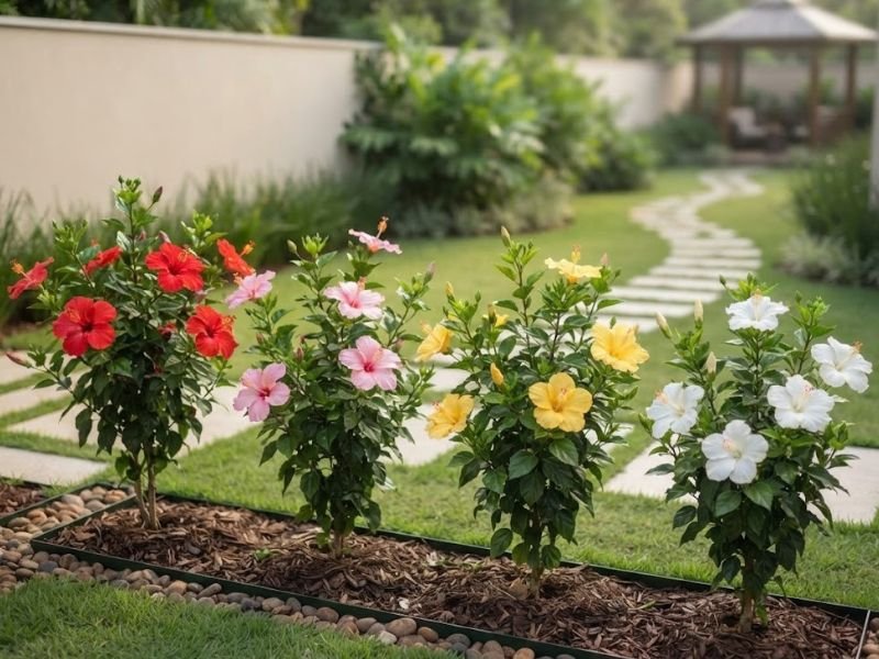 Arbustos de hibisco com flores vermelhas, rosas, amarelas e brancas cultivados em canteiro ornamental.