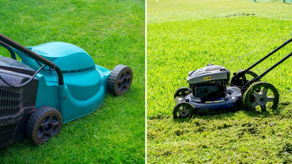 comparativo entre cortador de grama autopropelido e cortador de grama empurrado sobre gramado verde