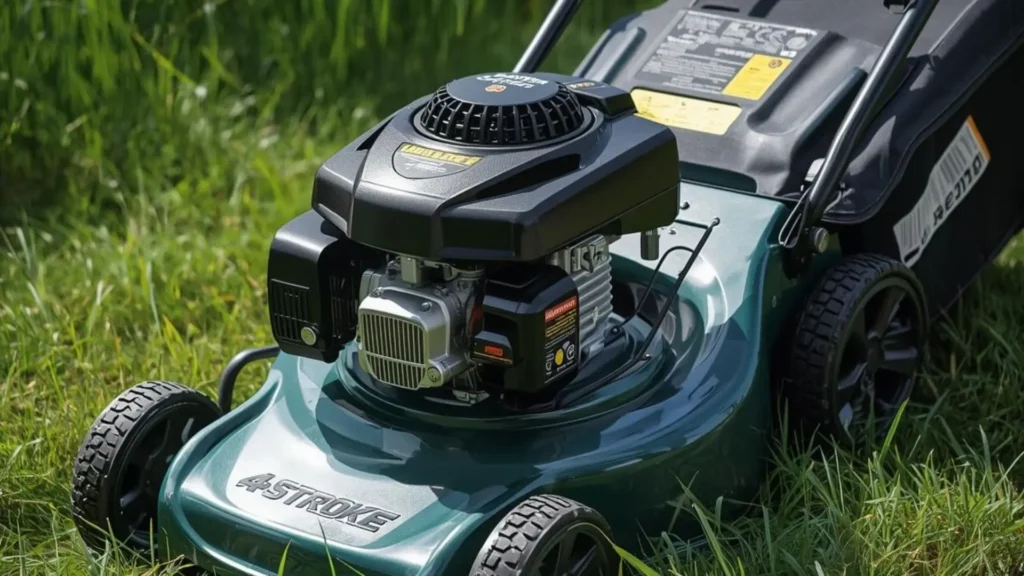 Cortador de grama moderno com motor quatro tempos, ideal para gramados médios e grandes, destacando o design robusto e eficiente do equipamento.