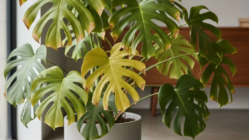 Folhas de costela de adão com amarelamento e bordas queimadas, mostrando sinais de excesso de água e estresse.