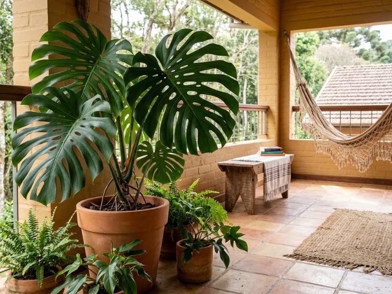 Costela-de-adão em varanda coberta com luz natural indireta