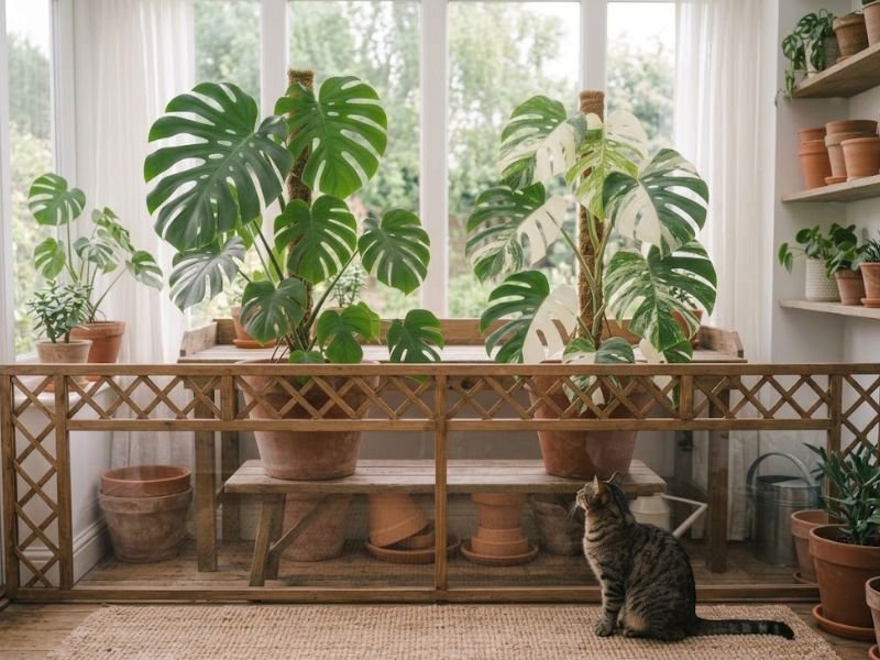 Gato mantido afastado de uma costela-de-adão em vaso