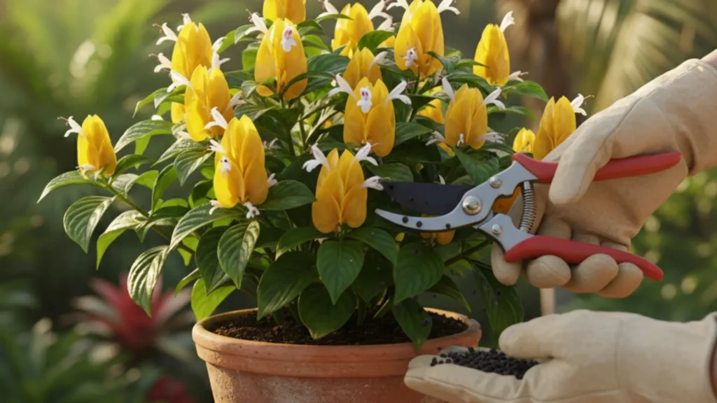 poda e adubação da planta camarão amarelo cultivada em vaso
