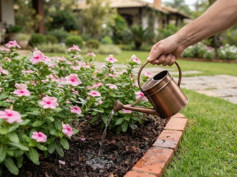 Mão segurando um regador e direcionando água ao solo de um canteiro com vincas rosas.