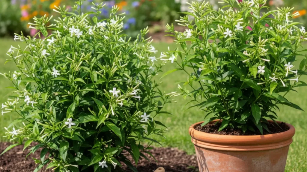 Plantas de Dama da Noite (Cestrum nocturnum) cultivadas lado a lado, uma no solo e outra em vaso de barro, ambas com folhas verdes e flores brancas ainda semiabertas durante o dia.