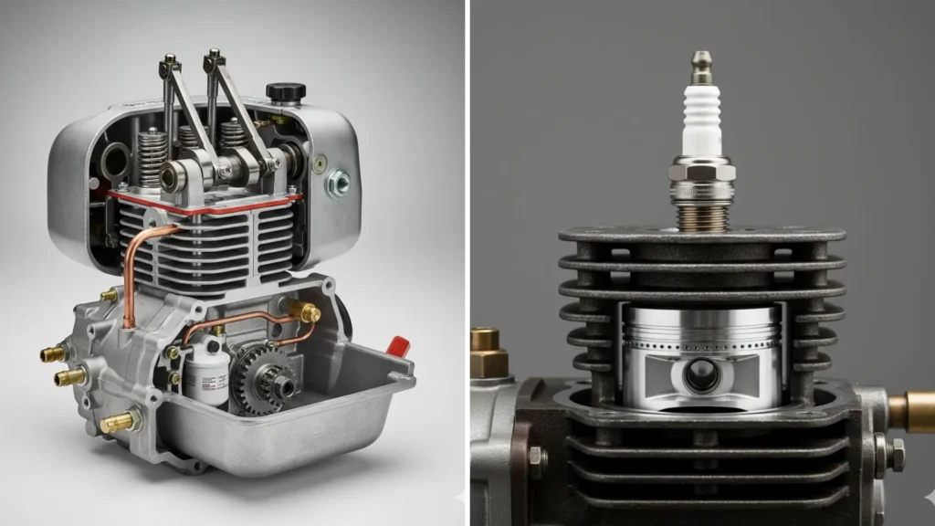 Comparativo visual mostrando a diferença entre motor 2 tempos e 4 tempos, com vista interna dos dois tipos de motores em corte técnico.
