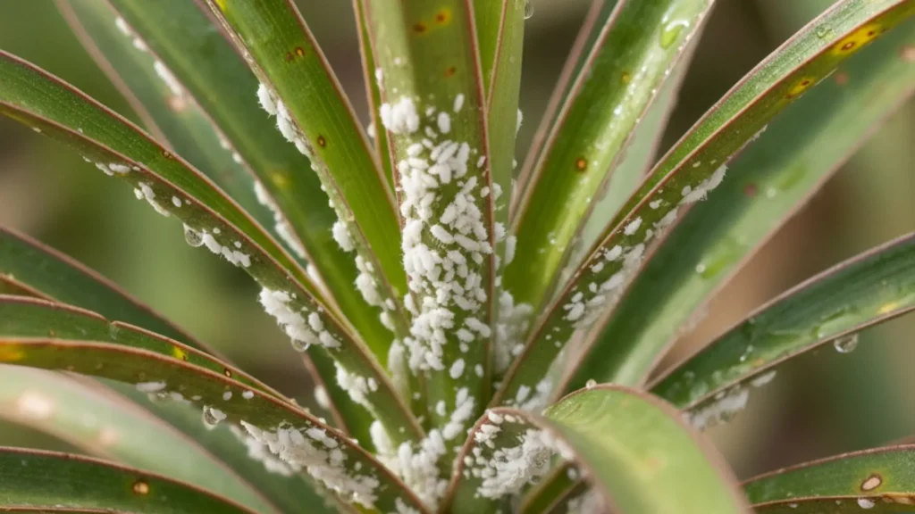Close-up of a Dracaena marginata severely infested with white mealybugs on the leaves and stem, showing cotton-like clusters typical of cochonilha infestation.