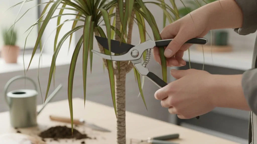 Pessoa podando uma Dracaena marginata com tesoura de poda, cortando folhas longas para estimular novos brotos.