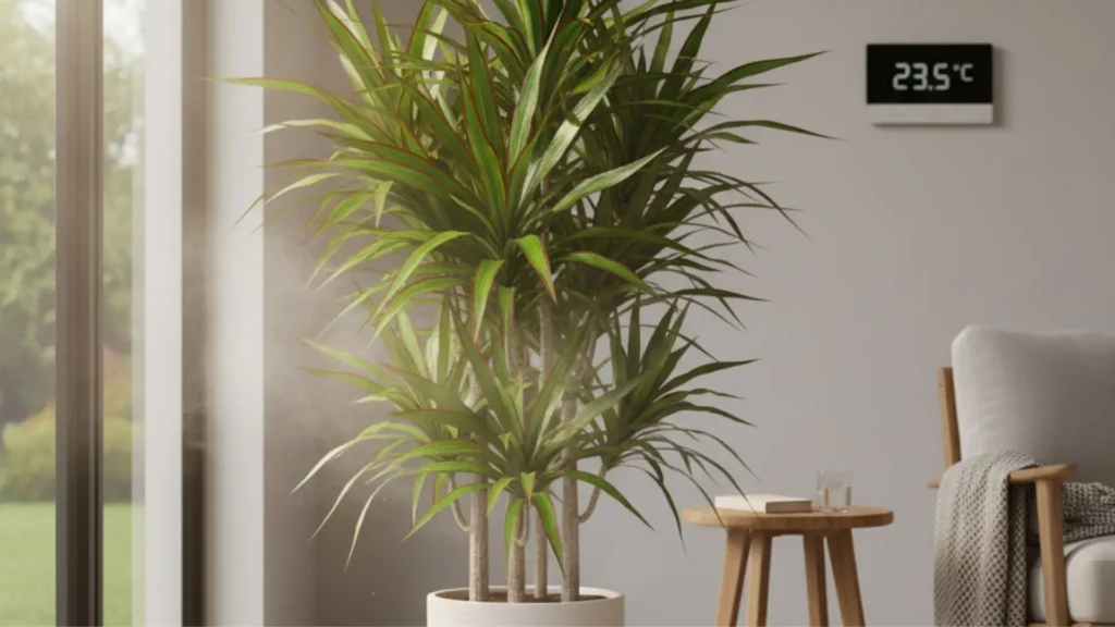 Dracaena marginata em ambiente interno com umidificação leve e temperatura controlada a 23,5°C, mostrando condições ideais de cultivo.