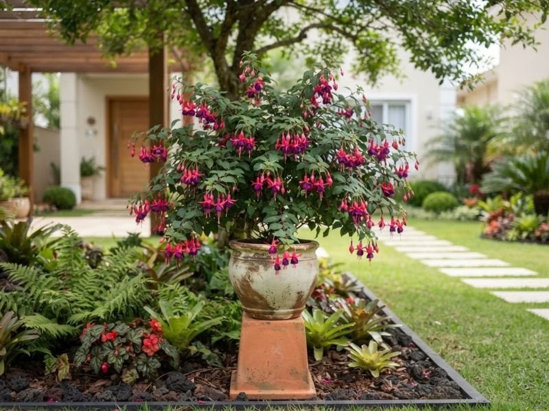 Brinco de princesa florido cultivado em vaso em jardim de meia sombra