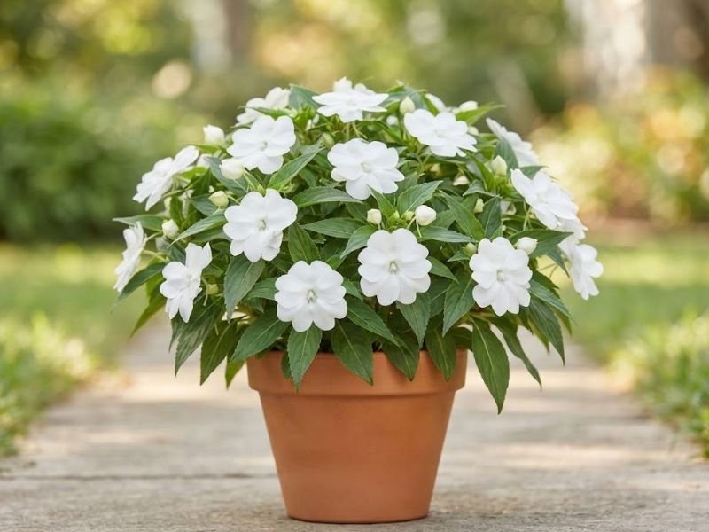 Impatiens hawkeri branca florida cultivada em vaso