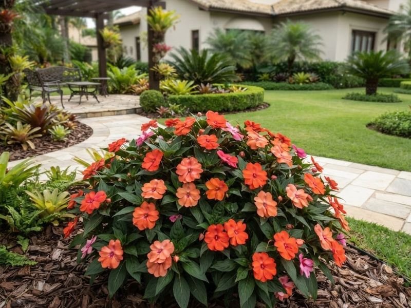 SunPatiens coral e alaranjada florida em jardim residencial