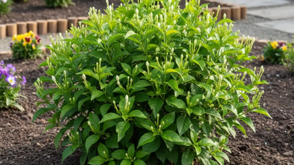 Arbusto de Dama da Noite (Cestrum nocturnum) cultivado em local ensolarado com flores ainda fechadas durante o dia, mostrando solo bem preparado e canteiro espaçoso.
