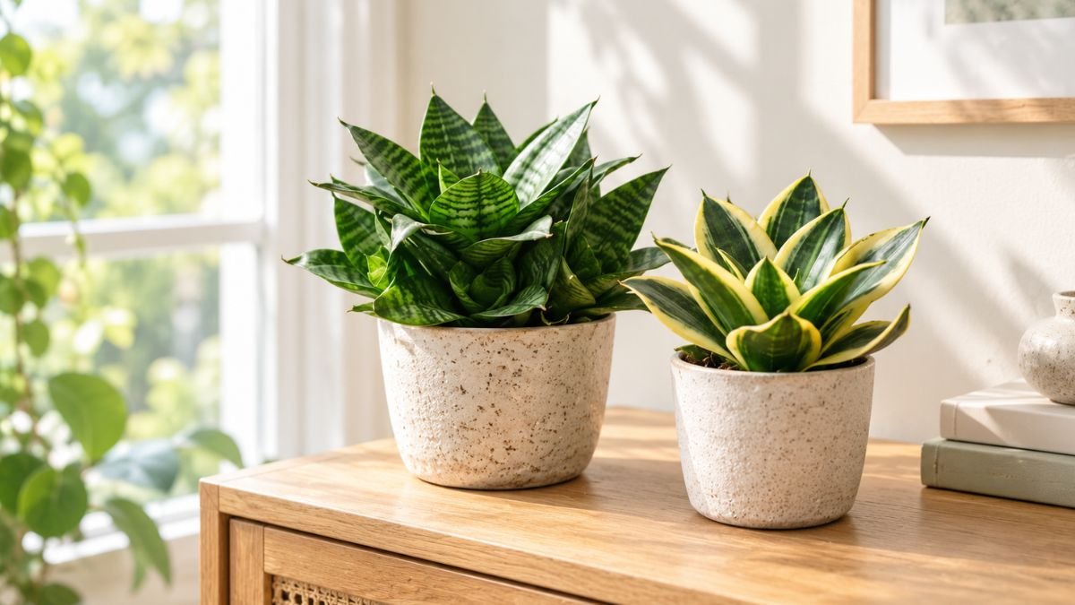 Espadinha de São Jorge Hahnii verde e Golden Hahnii em ambiente interno claro