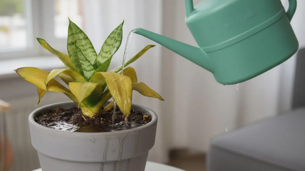 Espadinha de São Jorge com folhas amareladas em vaso cinza sendo regada com um regador verde, com o solo encharcado e água escorrendo pelas bordas, mostrando excesso de água nos cuidados.