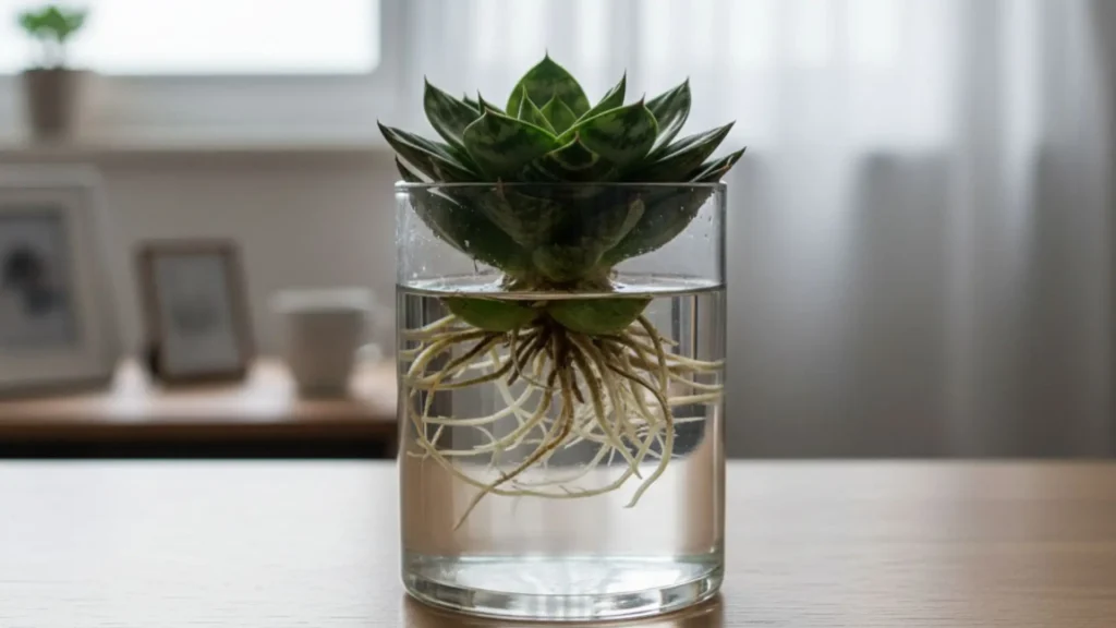 Espadinha de São Jorge compacta cultivada em um copo de vidro com água, com as raízes claras totalmente submersas e o ambiente interno desfocado ao fundo.