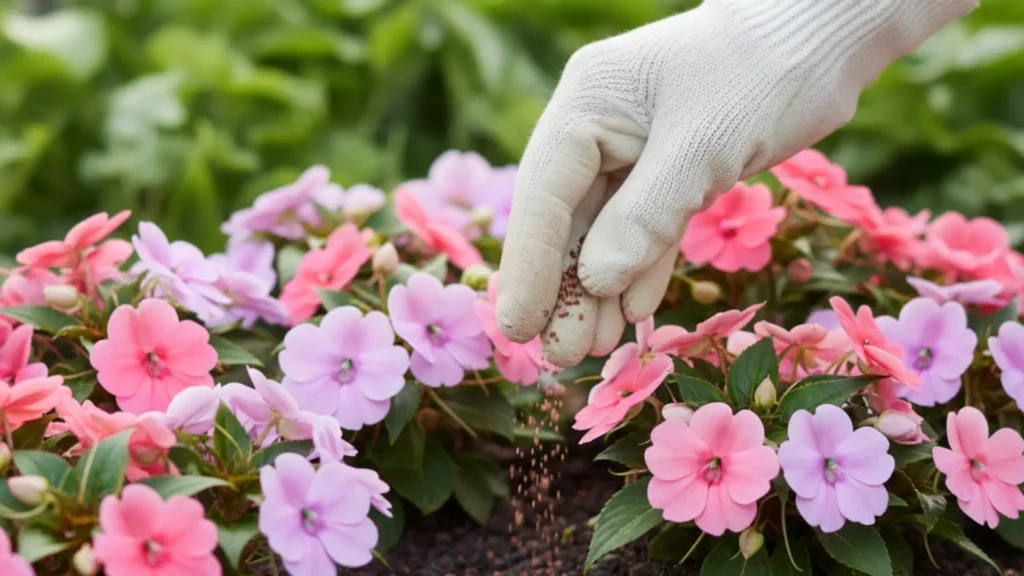 Mão com luva branca aplicando pequena quantidade de fertilizante granulado sobre flores de impatiens em tons de rosa e lilás em canteiro.