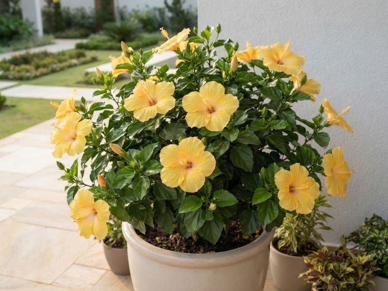 Hibisco amarelo cultivado em vaso grande de cerâmica clara, em varanda residencial ensolarada.