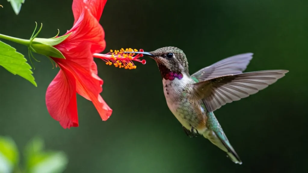 Beija-flor se alimentando do néctar de uma flor vermelha de hibisco em um jardim tropical.