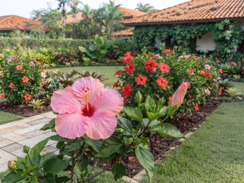 Flor de hibisco rosa em primeiro plano, com coluna estaminal visível, folhas verdes e botões florais.