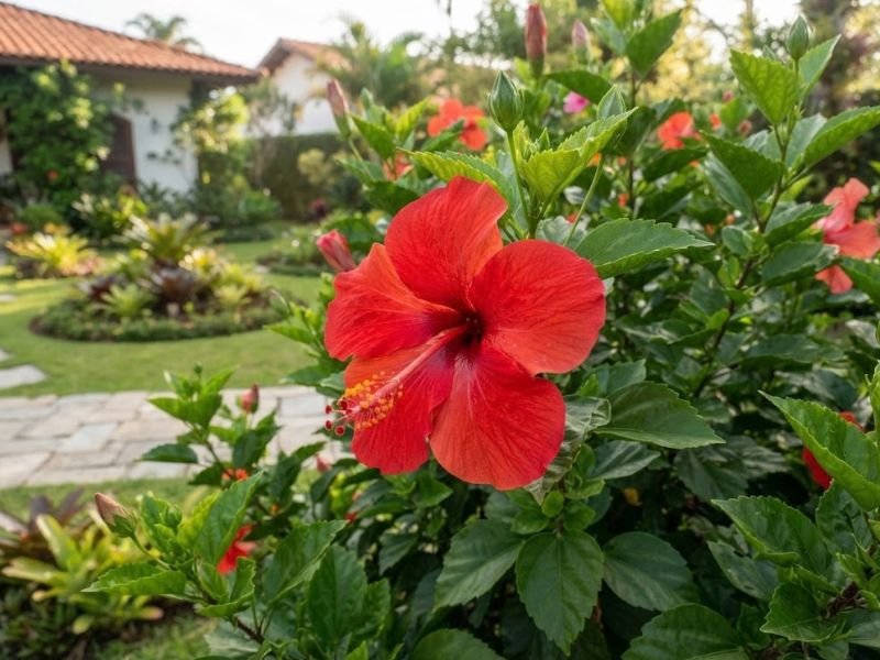 Flor de hibisco vermelho com pétalas abertas, coluna estaminal e folhas verdes em jardim residencial.