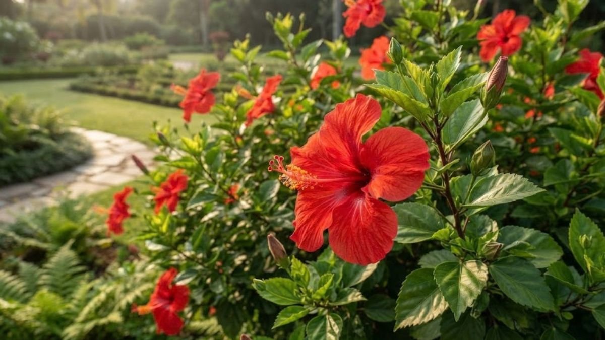 Flor de hibisco vermelho em primeiro plano, com pétalas abertas e coluna estaminal evidente, em jardim residencial ensolarado.