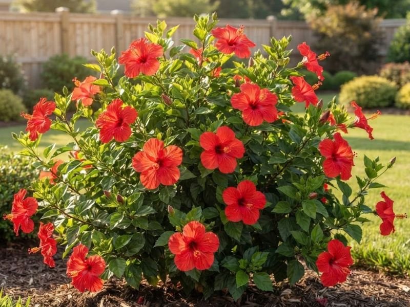 Arbusto de hibisco vermelho cultivado em canteiro ensolarado, com flores abertas e folhas verdes.